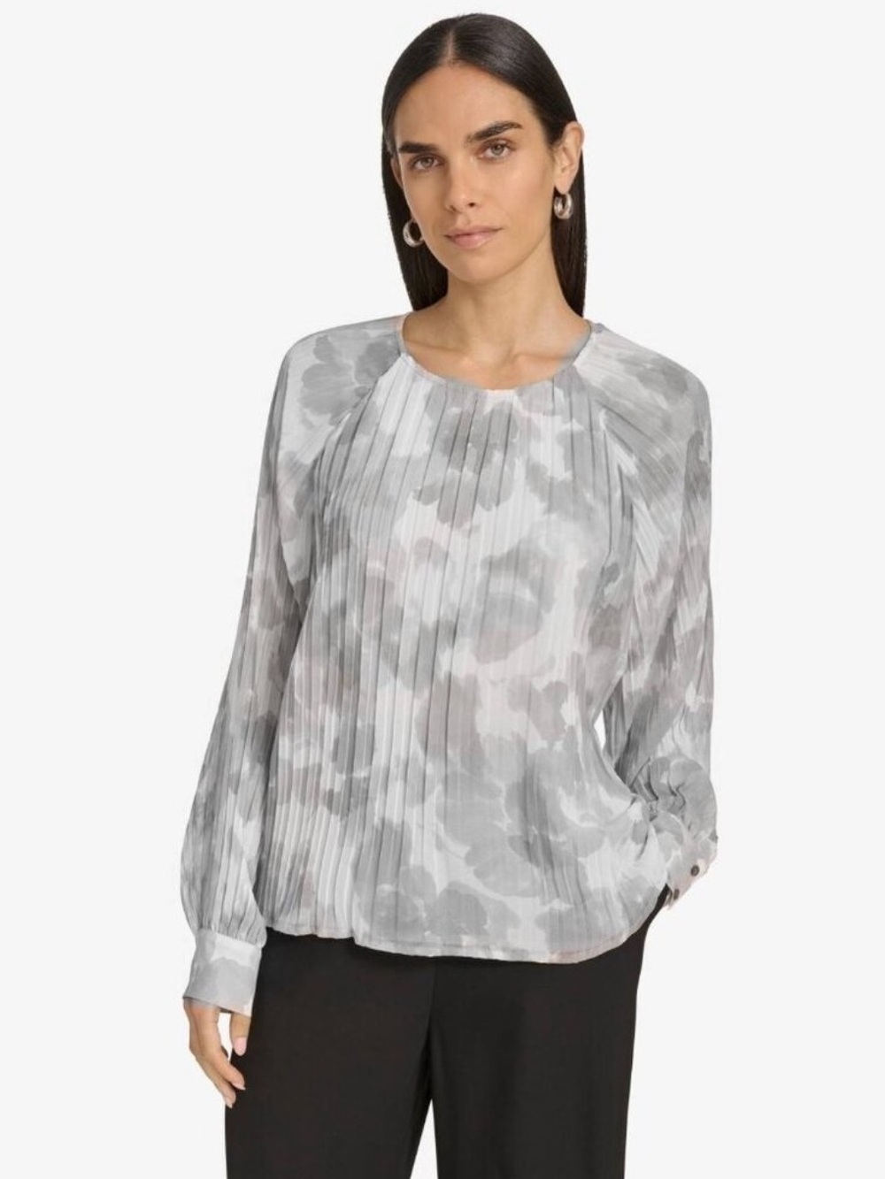 NWT Calvin Klein Sz XL Grey Pleated Long Sleeve Scoopneck Blouse Top Ret $99!